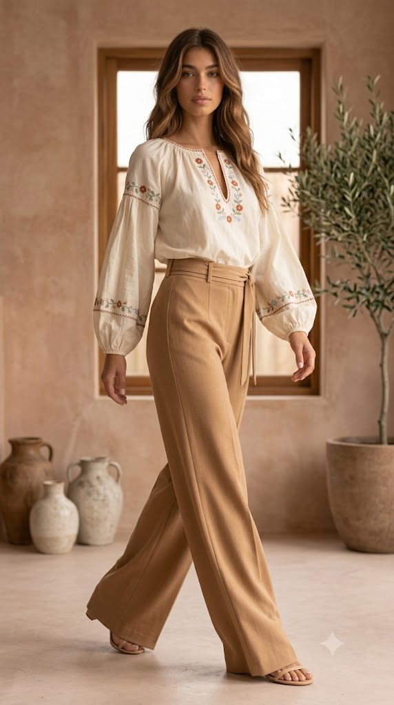 Embroidered Peasant Blouse with Wide-Leg Trousers
